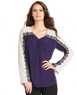 Alfani Plus Size Top, Long Sleeve Colorblocked Lace Blouse