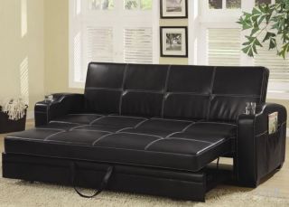 Maxton Black Bycast Leather Futon Sofa Bed Cupholders