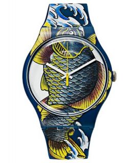 Swatch Watch, Unisex Swiss Waved Koi Multicolor Print Silicone Strap