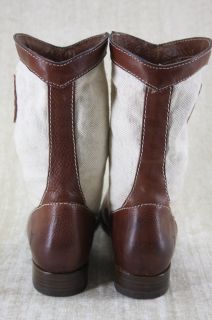 Frye Melissa Short Logo Brown Leather Boots 7 5 Cream Canvas Ankle