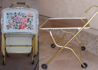 Vtg Lavada 4 Metal TV Tray Tables Stand Set Shabby Roses Toleware