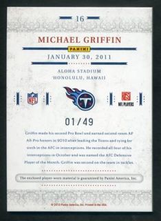 2011 Playoff National Treasures Michael Griffin Pro Bowl Materials