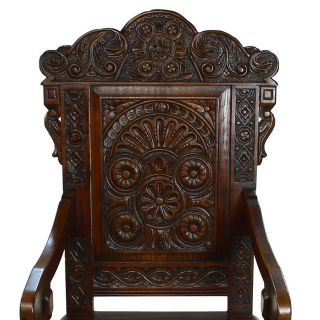 The Mill Collection Wainscot Carved Oak Hall Carver Armchair Throne