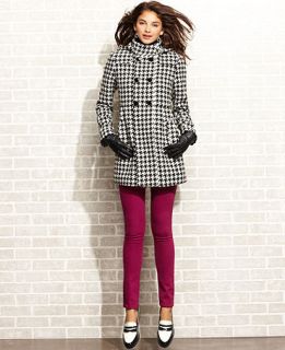 Tommy Girl Coat, Houndstooth Check Hooded Double Breasted   Womens