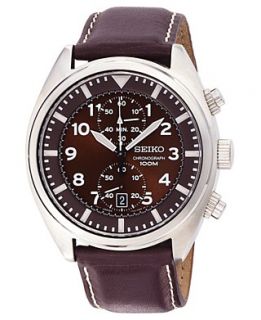 Seiko Watch, Mens Chronograph Brown Leather Strap 43mm SNN241