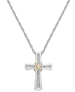 Diamond Necklace, Sterling Silver and 14k Gold Diamond Cross X Pendant