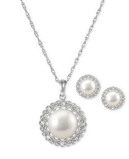 Sterling Silver Earrings and Necklace Set, Cultured Freshwater Pearl