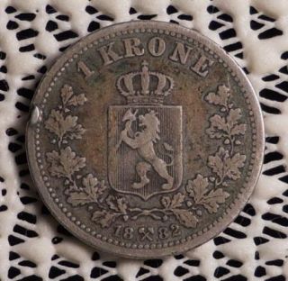 1882 Norway 1 Krone Silver Coin Mintage 120 000