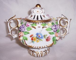 Unusual Antique Dresden Small Pot Pourri Perfume Bottle Bowl Applied