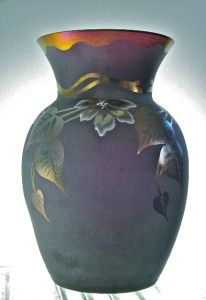 Fenton Ltd Ed Art Nouveau Vase Iridized Plum Satin Signed Hand Painted