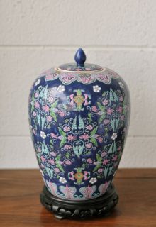 Chinese Porcelain Famille Rose on Blue Ground Jar with Lid