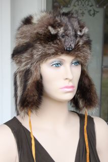 Silver Tip Raccoon Fur Hat w Head Tail for Men Women