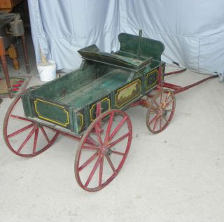 Antique Wooden Goat Wagon Spoke Wheels Original Green Red Paint