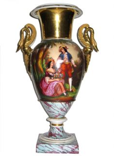 Antique Paris Porcelain Painted Parcel Gilt Urn Vase