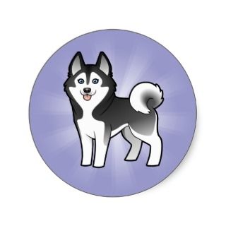 Circle Stickers on Cartoon Siberian Husky   Alaskan Malamute Round Sticker