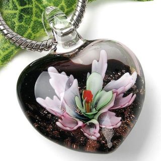 Murano Blumen Glas Perlen Schwarz HERZ Anhänger Heart Flower Pendant