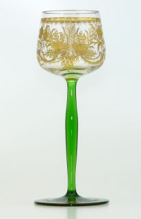Jugendstil Roemer Staengelglas florale Gravur Poliergold um 1900