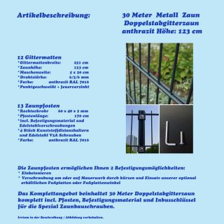 30m Metall Zaun Höhe 123cm Gartenzaun Farbe anthrazit