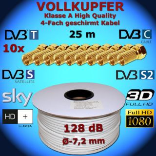 25m Koaxial DIGITAL Sat Kabel Full HD 3D Vollkupfer 128dB 100 % reines