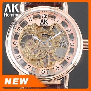 NEU AK HOMME Luxus Skelett Uhr Herrenuhr Mechanische Leder Armbanduhr
