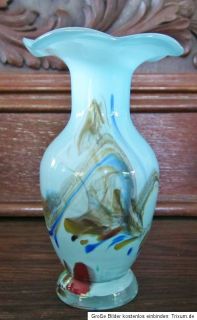kleine Glasvase Glas Vase grün blau abstrakt bemalt Höhe ca. 14 cm