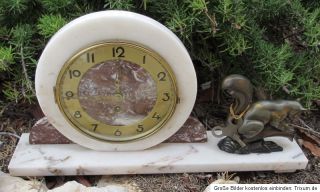 UCRA Marmor Kaminuhr Uhr Art Deco mit Eichhörnchen aus Messing oder