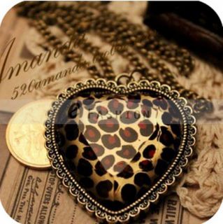 Halskette Leopard Herz Anhänger Retro Damen Lange Kette necklace NEU