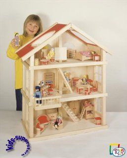 Puppenstube, 3 Etagen Puppenhaus aus Holz, komplett mit Möbeln für 5