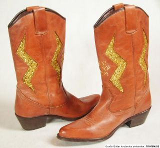 Cowboystiefel Stiefel 40 Braun Gold Glitzer Leder Vintage