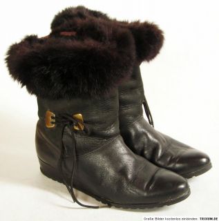 Stiefel Leder Schwarz 37 Vintage Boots Fell Keilabsatz Stiefeletten