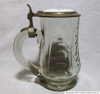 Uralt Glas Krug Bierkrug Glaskrug mit Zinn Porzellan Deckel um 1900