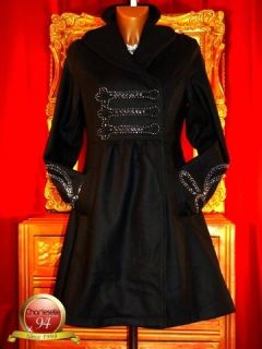 Damen Mantel Schwarz Silbern Wolle Schmuckbesezt Empire Couture 34