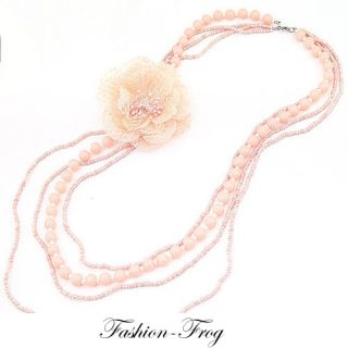 Halskette Kette Perlenkette mit Brosche Stoff Blume Blüte rosa pink