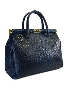 Ital Leder Tasche blau kroko Handtasche Damentasche Kelly Bag XXL NEU