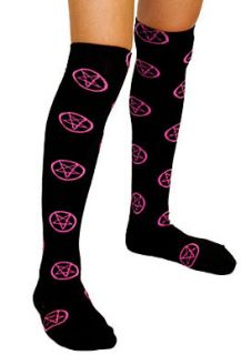 Sourpuss Pentagram Over the Knee Socks Blackk with Pink Pentagrams