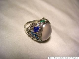 925 Silber Jugendstil Ring mit Emaille und Rosenquarz