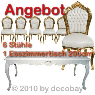 Barock Esszimmer edel 6x Stuhl weiß gold Tisch 200 weiß