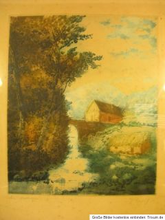 Antikes Aquarell Ende 1800 mit Holzrahmen Landschaftsbild~Frankreich