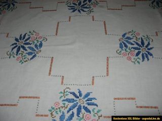 Große,antike Leinen Tischdecke Handarbeit florale Stickerei  ca