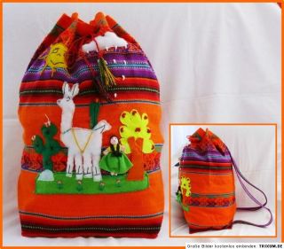 Peru RUCKSACK orange + bunt, Lama Motiv, Manta Stoff, Inka Indianer