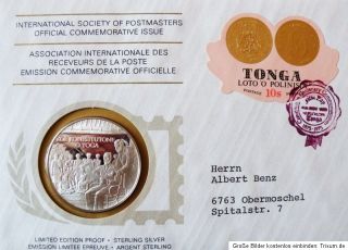 Numisbrief  Medaillenbrief Tonga Silber 40 mm Top Frankatur von 1975