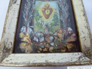 Klosterarbeit verglaste Rahmung Handarbeit Heiligenbild Flammendes