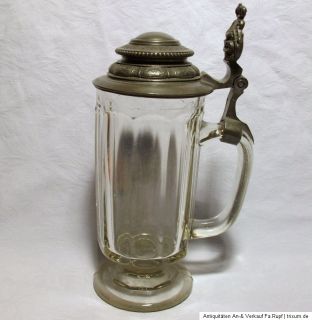 Uralt Glas Krug Bierkrug Glaskrug mit Zinndeckel Andenken 1883