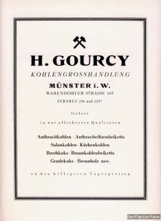 Kohlenhandlung Gourcy Münster Orig. Reklame 1925 Brikett Koks