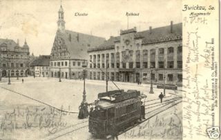 AK Zwickau 1904 Hauptmark Theater, Rathaus, Straßenbahn