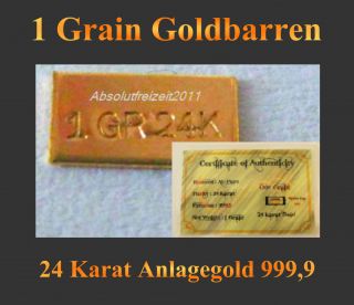 NEU 1 x 1 Grain Goldbarren 999 9 Feingold 24 Karat Gold Barren inkl