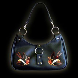 Black Vinyl Mom and Dad Sparrows Tattoo Sytle Purse