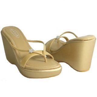  Rhinestone Thong High Heel Platform Wedge Sandals Gold Shoes