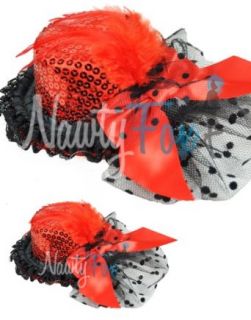 Red Sequin Mini Top Hat Fascinator Feather Veil Bow
