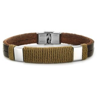 Stainless Steel and Leather Mens Rope Detail Bracelet